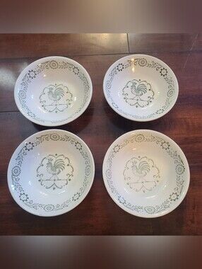 Vintage Scio Pottery Provincial Green Rooster Berry Fruit Bowls Set 3 Plus 1 Chi
